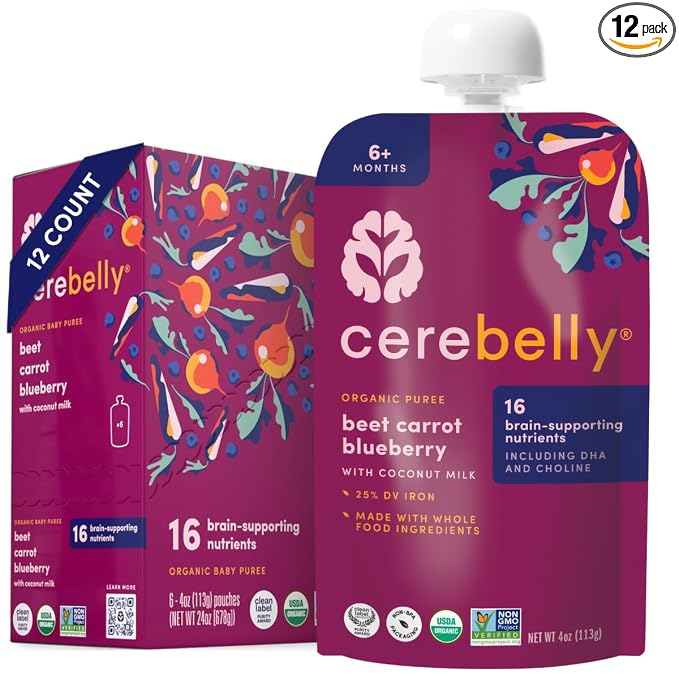Cerebelly Organic Baby Food Pouches, Beet Carrot Blueberry Purees, 16 Nutrients by Cerebelly