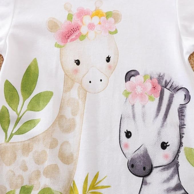 Cute Giraffe + Zebra With Floral Print Long Sleeve Baby Girl Clothes White - Image 5