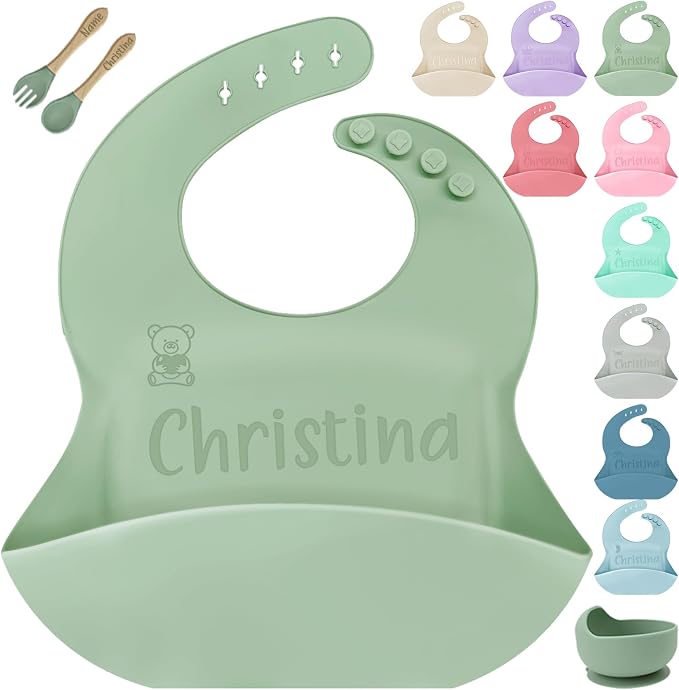 SRdrew Personalized Silicone Bibs Set Custom Engraved Name Icon Toddler Bib by SRdrew