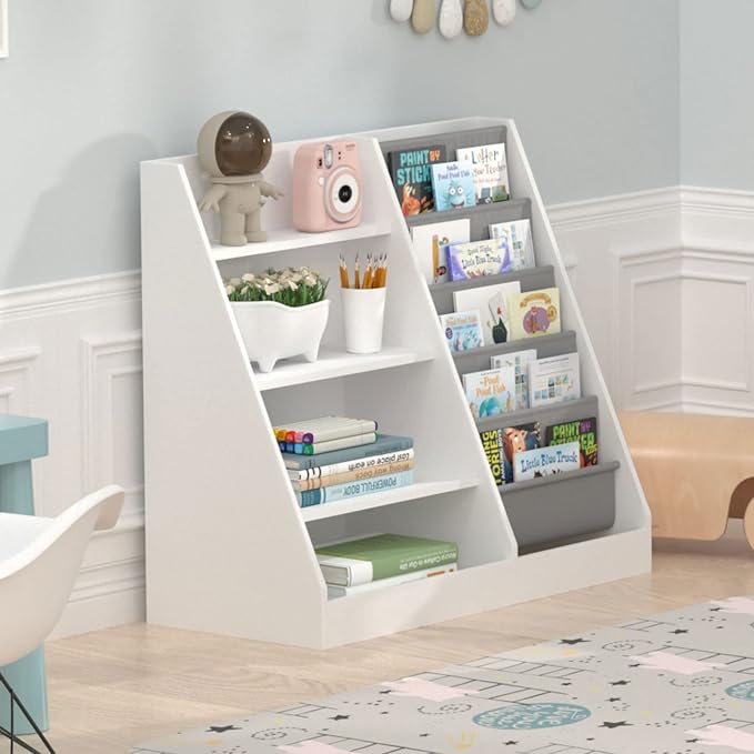 4 Tier Kids Wooden Bookshelf, 5 Layer Sling Toddler Bookcase, Baby Storage Book - Image 7