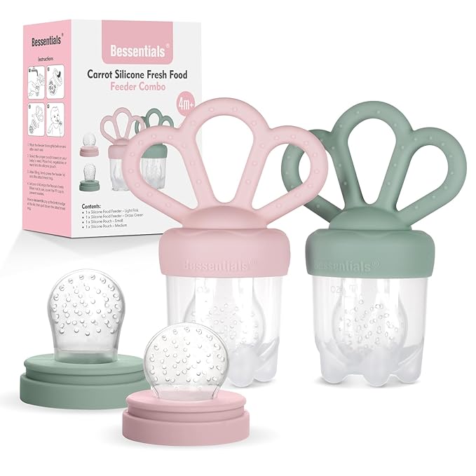 Bessentials Carrot Baby Fresh Fruit Food Feeder & 2 Pack Silicone Mesh Feeders by Bessentials