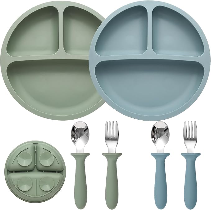 Baby Feeding Set, 2 Pack Silicone Divided Suction Plates by Eascrozn