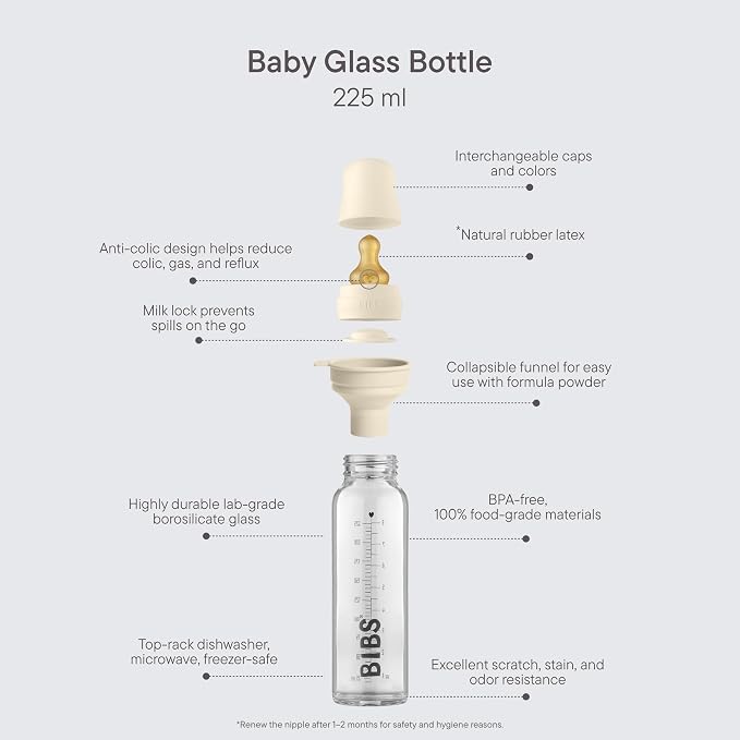 BIBS Baby Glass Bottle. Anti-Colic. Round Natural Rubber Latex Nipple. Supports - Image 2