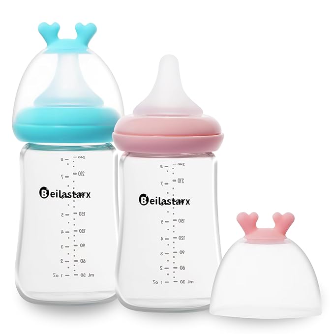 Glass Baby Bottles with Natural Response Nipple Size M by Beilastar-x