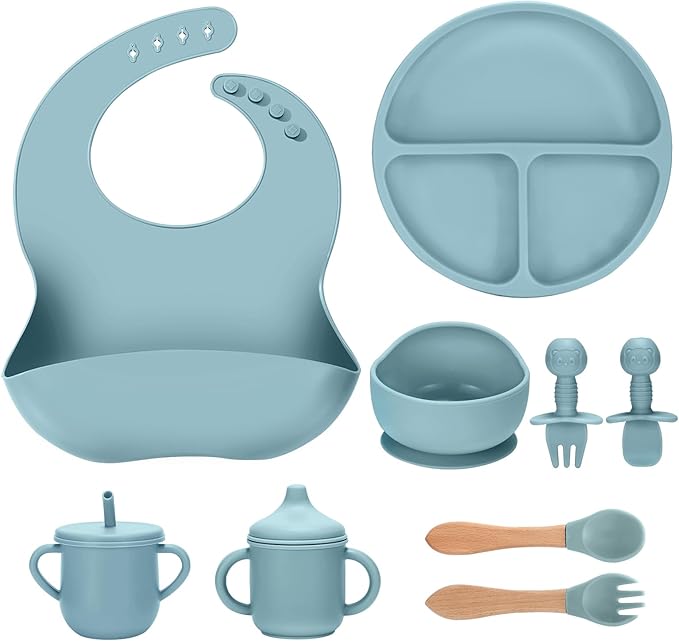 Silicone Baby Feeding Set 9 Pcs, Spill-Proof Suction Plate, Silicone spoon&forks by Unknown