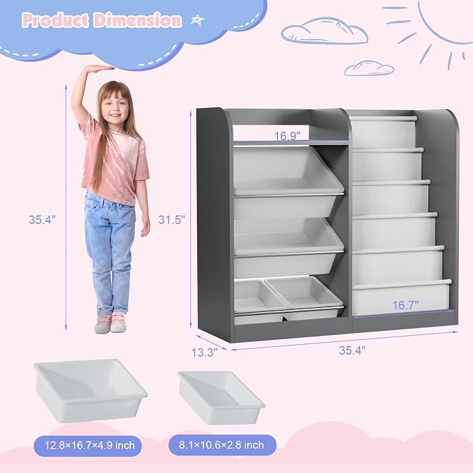 Grey Kids Wood Bookshelf Toy Storage Box Organizer Shelf W/4 Removable Plastic - Image 3
