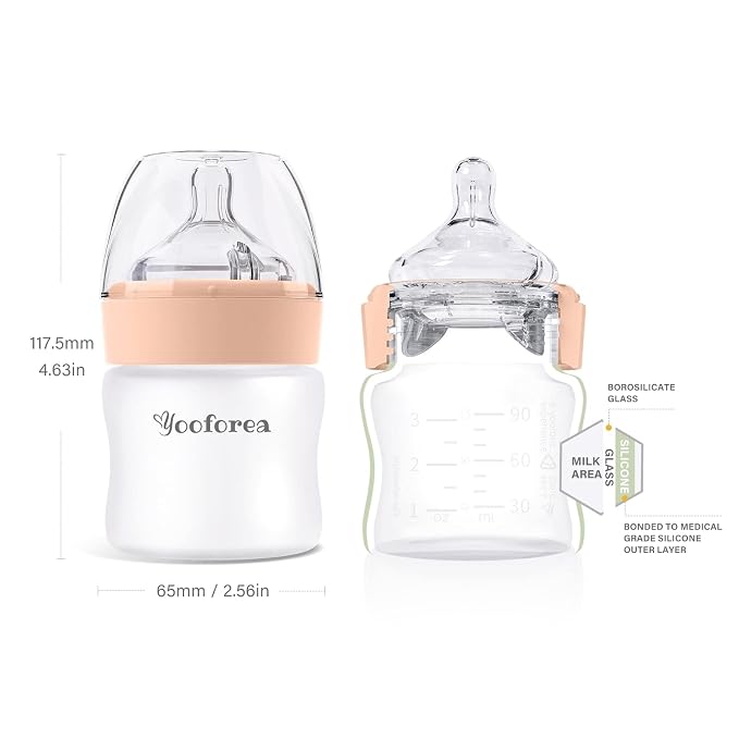 Yooforea Silicone Coated Glass Baby Bottle, 0M+ Slow Flow Nipple I Anti-Colic - Image 2
