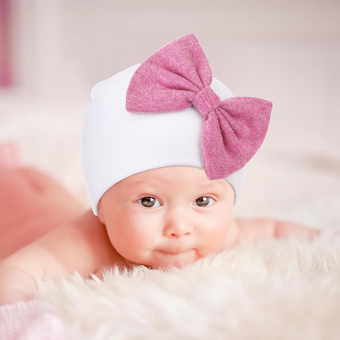 BQUBO Newborn Baby Girls Hats Mittens Set Hospital Hat Beanie Infant Bow Hats - Image 2