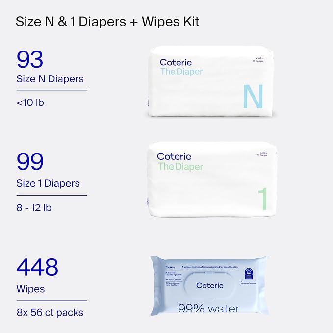 Coterie Baby Wipes + Diapers Kit, Size 1 & Size Newborn Diapers, 8 Pack Baby - Image 2