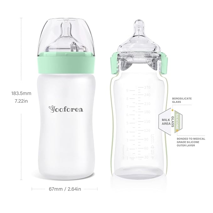 Yooforea Silicone Coated Glass Baby Bottle, 6M+ Fast Flow Nipple I Anti-Colic - Image 2