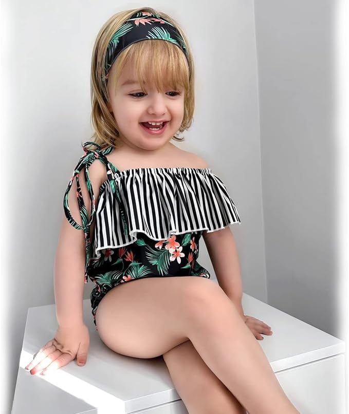 Toddler Baby Girls Ruffles Bikini One Piece Swimsuits Floral Off Shoulder - Image 2