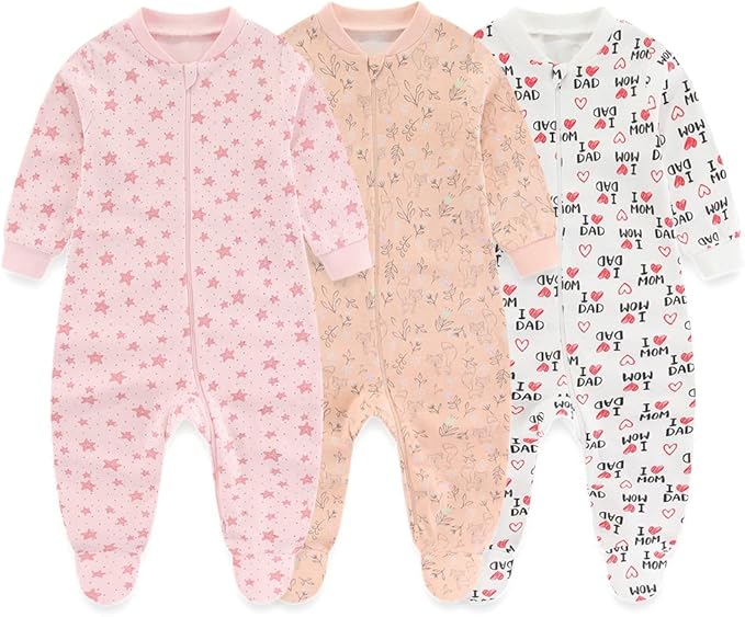 Newborn Baby 2-way Zipper Romper Cotton One-piece Jumsuit 3-pack, 0-24 Months by MAMIMAKA