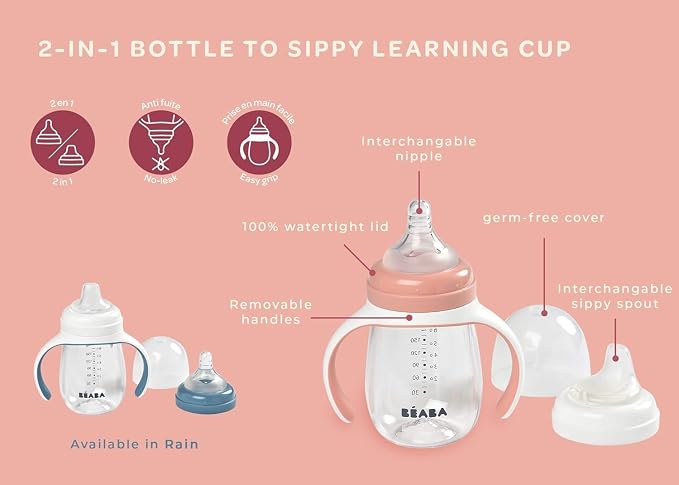 BEABA 2-in-1 Baby Bottle to Transition Sippy Cup, No Spill Sippy Cup, Includes - Image 4
