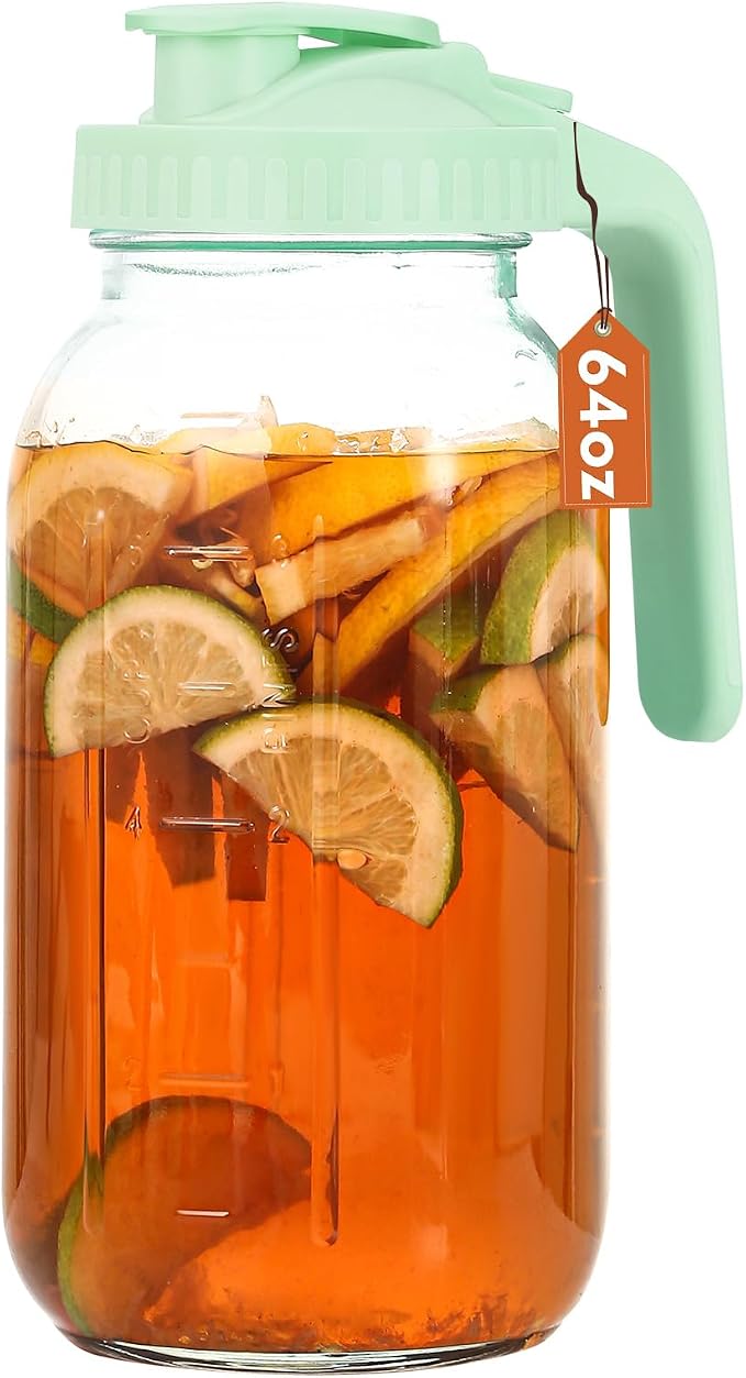 Glass Pitcher with Lid, 64 OZ Mason Jar Pitcher Double Leak Proof, 2 Quart by Mihlapi