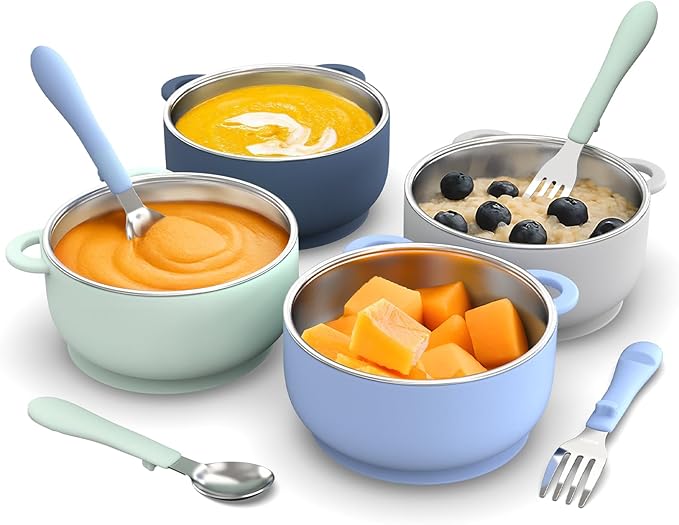 Toddler Feeding Suction Bowls and Utensils Set, 2-in-1 Stainless Steel 304 Kids by Bakpoco