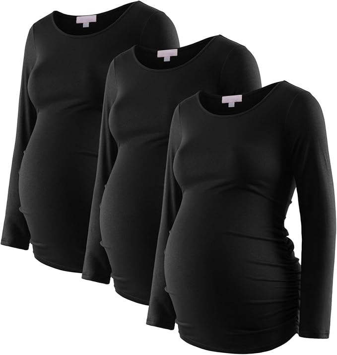 Bhome Women's Maternity Shirts 3 Packs Long Sleeve Pregnancy Tops Basic Side by Bhome