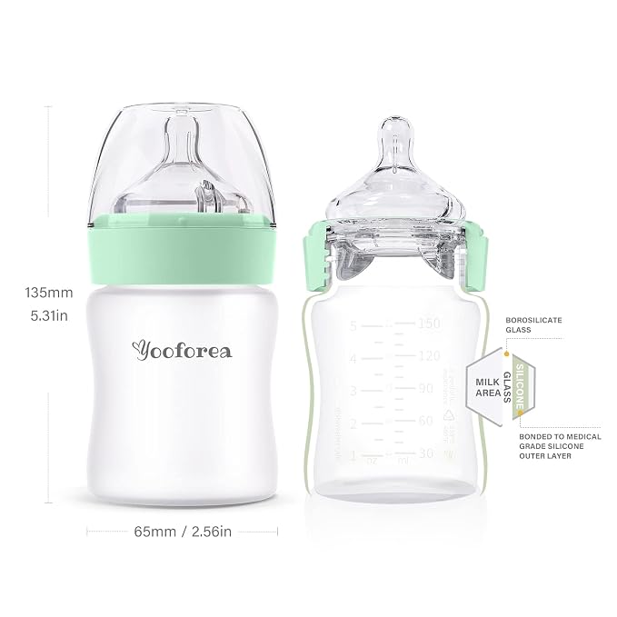 Yooforea Silicone Coated Glass Baby Bottle, 2M+ Medium Flow Nipple I Anti-Colic - Image 2