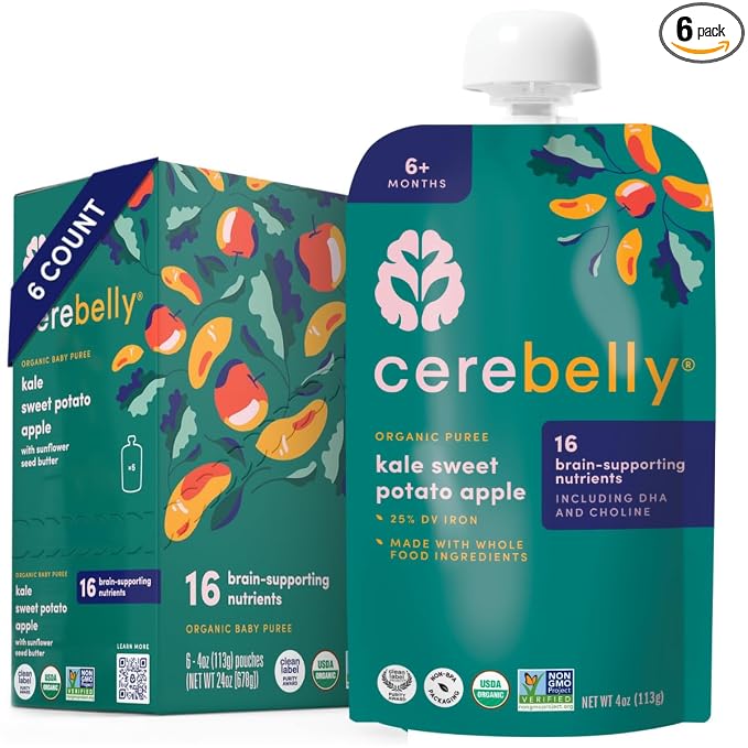 Cerebelly Organic Baby Food Pouches, Kale Sweet Potato Apple Purees, 16 by Cerebelly