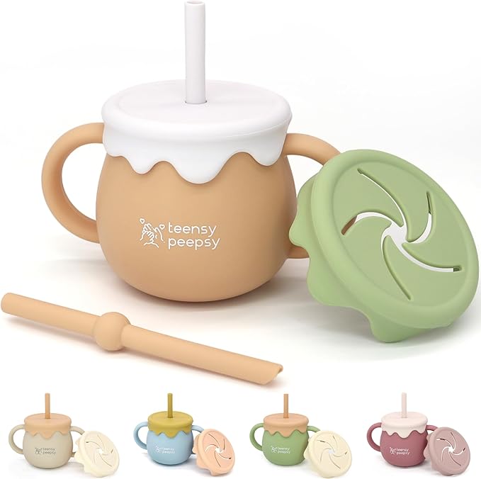 Honey Jar Pot 3-in-1 Silicone Training Cup 8.5oz, Unisex Baby Sippy Cup by teensypeepsy