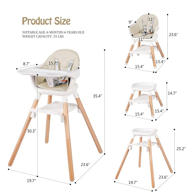 6 in 1 Baby High Chair, Convertible Wooden High Chairs/Booster Seat - Image 6