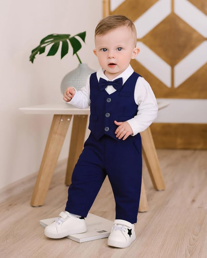 Baby Boy Clothes Suits Infant Gentleman Wedding Outfit Formal Dress Shirt Vest - Image 3