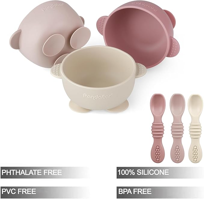 PandaEar 3 Pack Silicone Suction Baby Bowls & 3 Baby Feeding Spoons | Non-Slip - Image 2