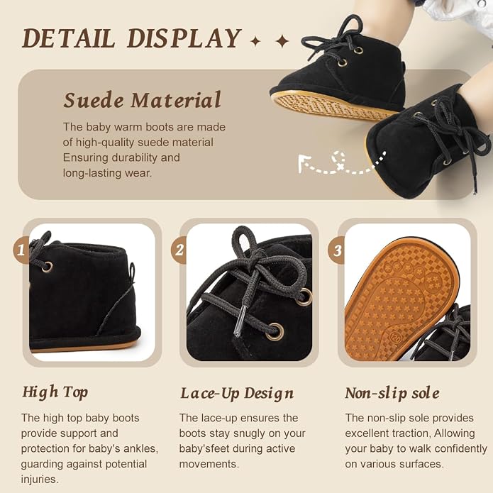 Baby Unisex Warm Snow Boots Newborn Leather Fur Lace Up Ankle Anti-Slip Rubber - Image 2