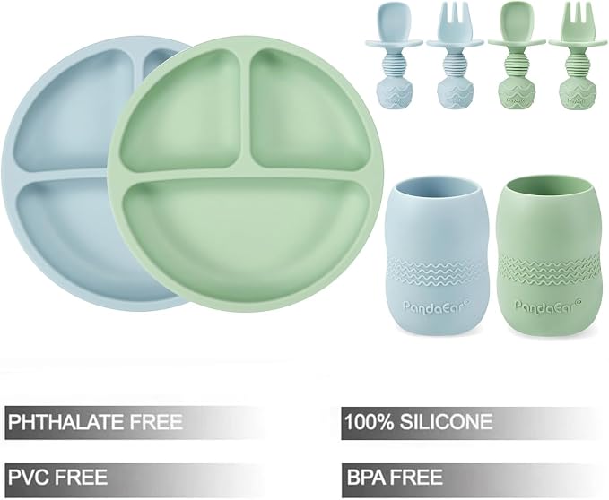 PandaEar Silicone Baby Feeding Set| 2 Pack Silicone Divided Suction Plate and 2 - Image 2
