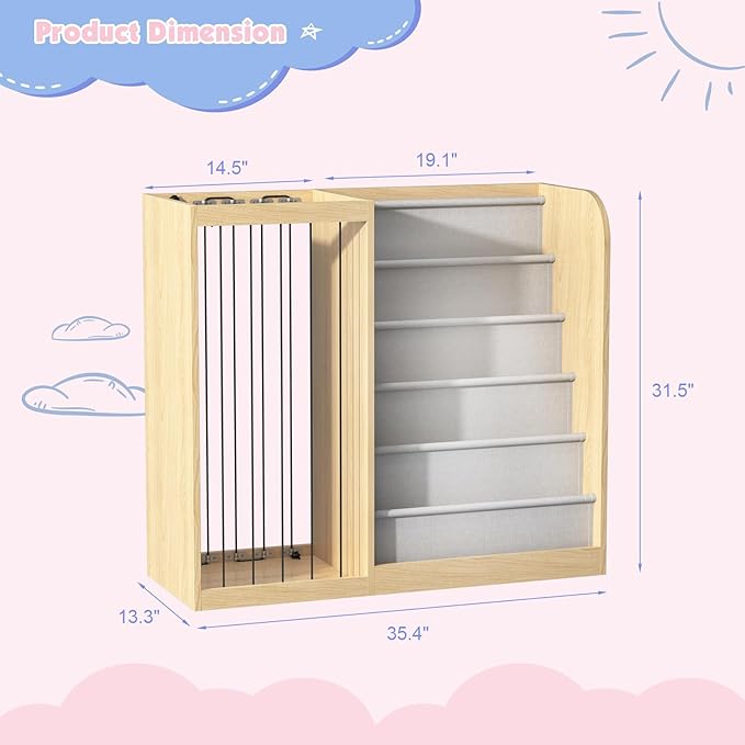 Natural Wood Kids Bookshelf & Stuffed Animal Net Holder Plush Toy Storage - Image 2