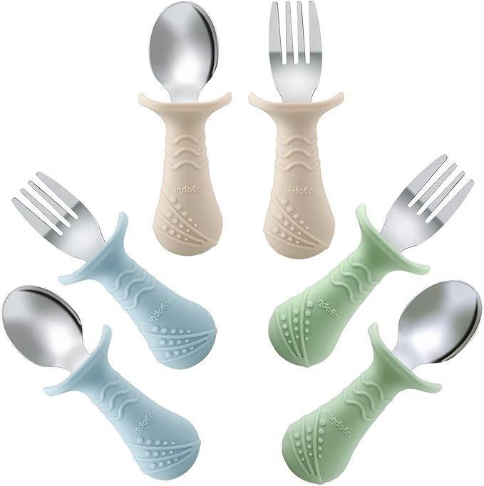 PandaEar Baby Toddler Fork and Spoon Utensil Set, 6 Pack Silicone Stainless by PandaEar