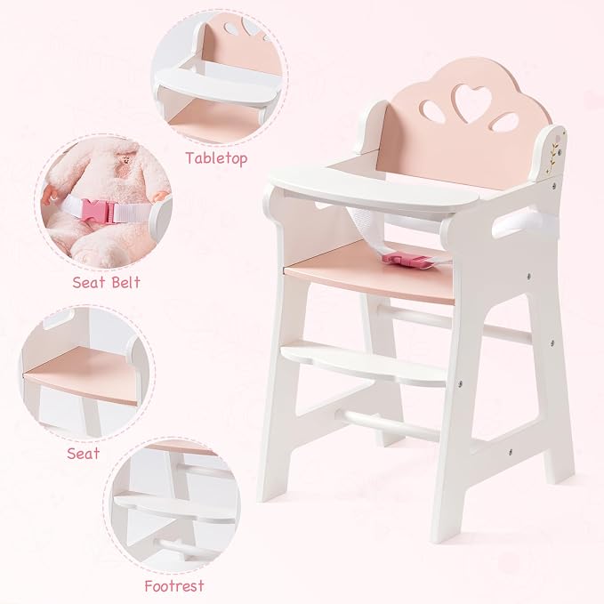 ROBOTIME Baby Doll High Chair, Pretend Play High Chair - Image 3