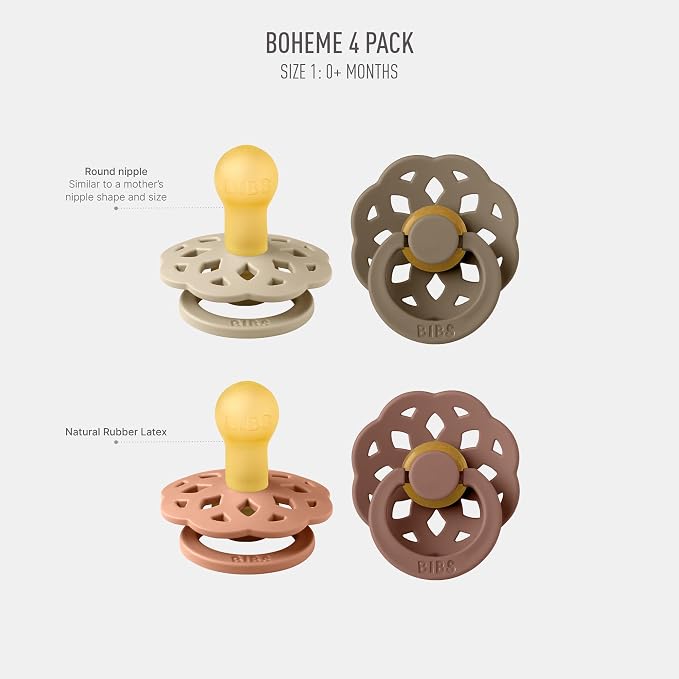 BIBS Boheme Soother 4-Pack. BPA Free Dummy Pacifier, Round Nipple. Natural - Image 2