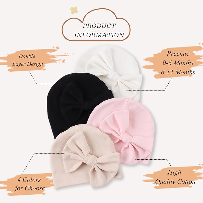Bamery Newborn Baby Girl Hat Cotton Baby Bow Beanie Preemie Hats Spring Infant - Image 2