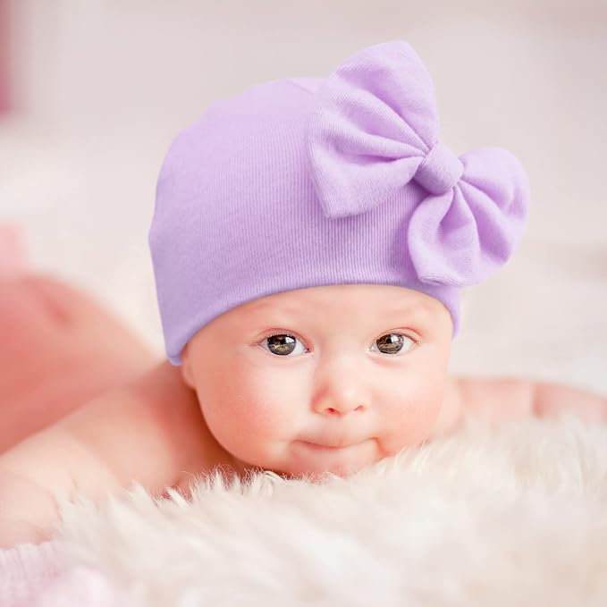 BQUBO Newborn Baby Girls Hats Mittens Set Hospital Hat Beanie Infant Bow Hats - Image 2