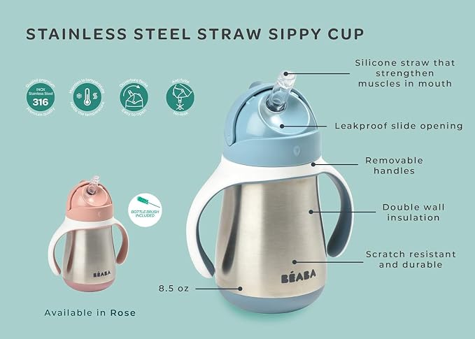 Beaba Stainless Steel Straw Sippy Cup, Insulated Toddler Cups Spill Proof - Image 2