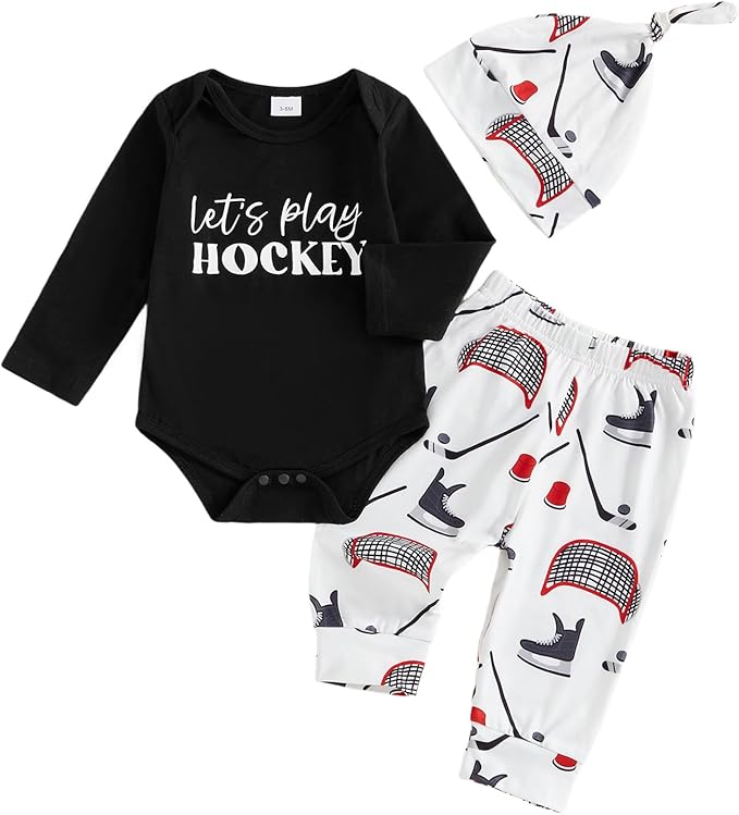 Baby Boy Hockey Outfit New Player in Town Long Sleeve Romper Long Pants Hat Set by Doqcey