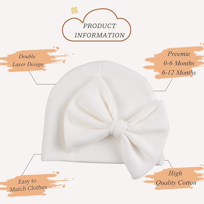 Bamery Newborn Baby Girl Hat Cotton Baby Bow Beanie Preemie Hats Spring Infant - Image 2