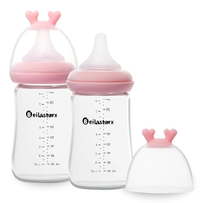 Glass Baby Bottles with Natural Response Nipple Size M by Beilastar-x