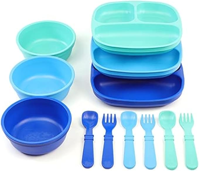 Re-Play 3x3 Divided Toddler Plates and Utensils Set by Re-Play