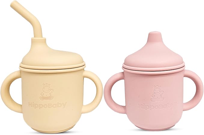 Silicone Transition Sippy Cup for 6+ month old | Includes 1 Toddler straw cup & by HippoBaby