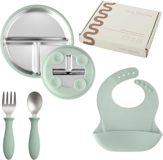 Stainless Steel Toddler Feeding Set 4 Pieces – Suction Plate, Silicone Bib by TotsGround