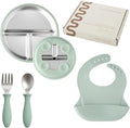 Stainless Steel Toddler Feeding Set 4 Pieces – Suction Plate, Silicone Bib by TotsGround