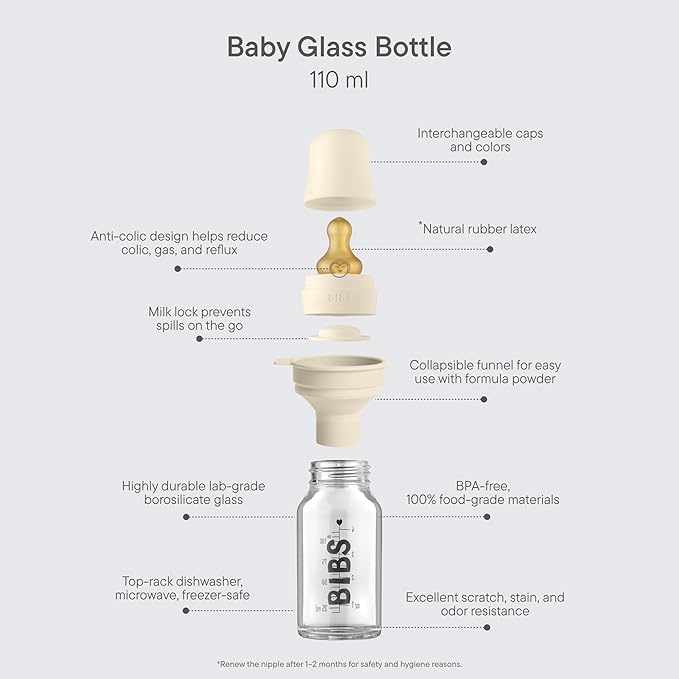 BIBS Baby Glass Bottle. Anti-Colic. Round Natural Rubber Latex Nipple. Supports - Image 2