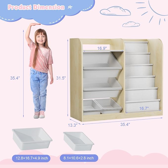 Natural Kids Wood Bookshelf Toy Storage Box Organizer Shelf W/4 Removable - Image 2