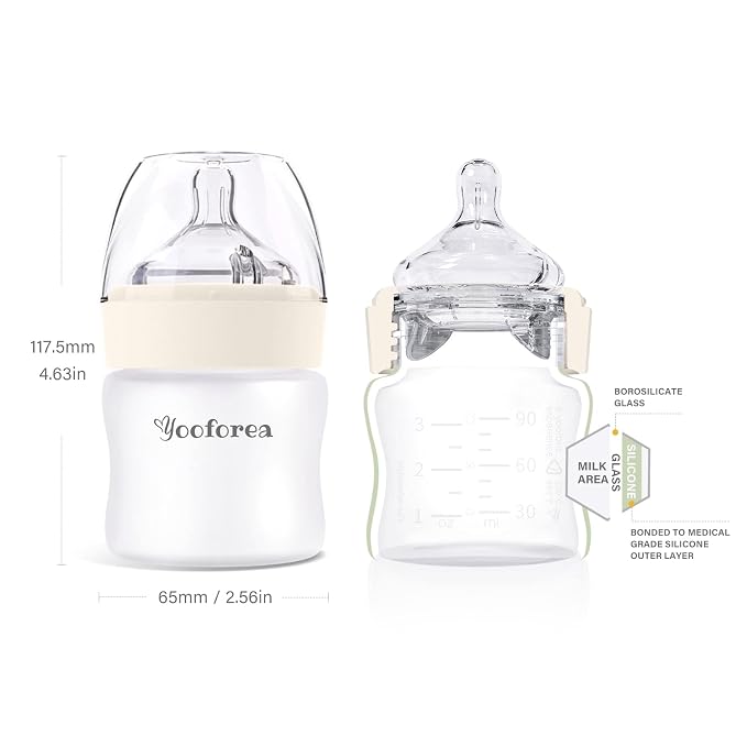 Yooforea Silicone Coated Glass Baby Bottle, 0M+ Slow Flow Nipple I Anti-Colic - Image 2
