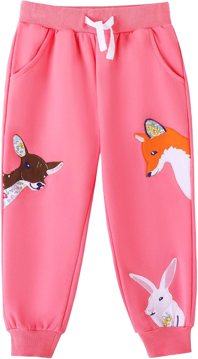 HILEELANG Girls Cotton Joggers Sweatpants Embroidery Drawstring Waist Pockets - Image 5