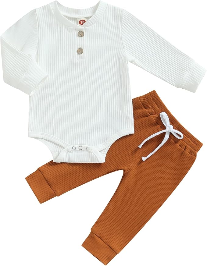 Newborn Baby Boy Girl Clothes Ribbed Knitted Long Sleeve Romper Pants Solid by MABABY