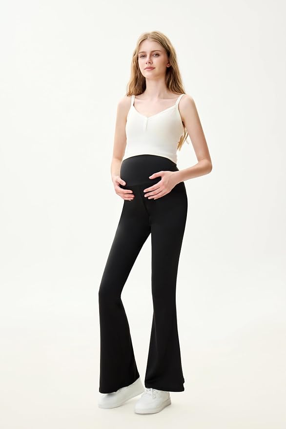 High Waist Yoga Pants, Maternity Bootcut Leggings, Cotton Blend Spandex - Image 8