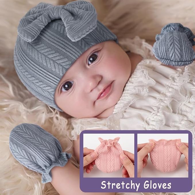 BQUBO Newborn Baby Hats Mittens Set Hospital Hat Beanie Infant Bow Hats Baby - Image 3