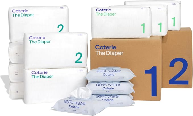 Coterie Baby Wipes + Diapers Kit, Size 1 & Size 2 Diapers, 4 Pack Baby Wipes by Coterie